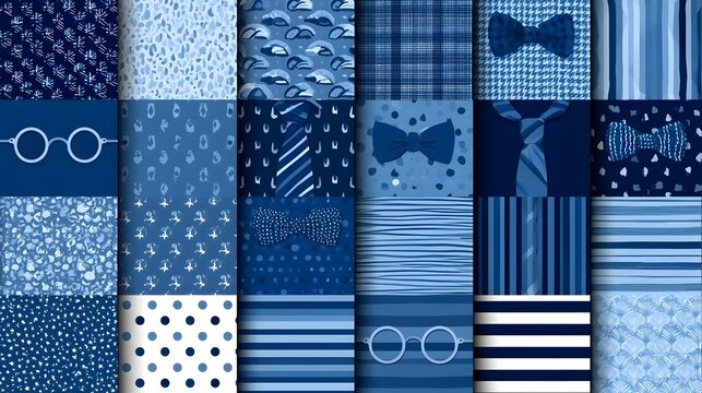 Father's Day Swatch Pattern Collection (16 Seamless Patterns, Blue Tones) Stock Vector