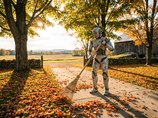 Fototapeta premium Humanoid Robot Sweeping Autumn Leaves