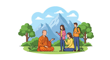 Flat style vector illustration of Buddhist monk warmly greeting visitors near a traditional temple. Perfect for tourism, cultural education, hospitality and spiritual themes © Amie