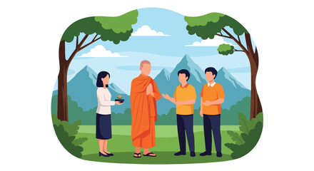 Flat style vector illustration of Buddhist monk warmly greeting visitors near a traditional temple. Perfect for tourism, cultural education, hospitality and spiritual themes © Amie
