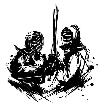 Sumi-e Kendo Tsubazeriai &ndash; Japanese Ink Brush Illustration