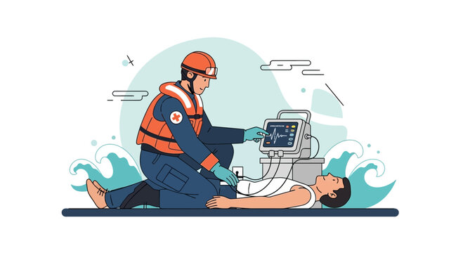 Paramedic performs CPR on patient with defibrillator, rescue at sea concept