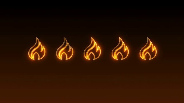 Row of five glowing flame icons on dark brown gradient background, central trio brighter than outer pair, creating balanced horizontal composition with warm amber contrast