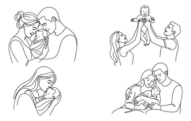 Obraz premium Minimalist family line art collection, set of 4 newborn baby and parents illustrations, continuous line drawing of mother and father with infant