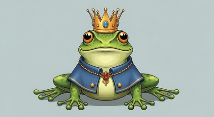 Cute green frog wearing a golden crown and royal blue cape. © Caci