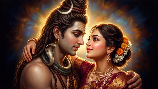 Lord Shiva and Goddess Parvati &ndash; Sacred Divine Embrace Portrait
