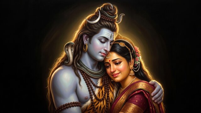 Lord Shiva and Goddess Parvati &ndash; Sacred Divine Embrace Portrait
