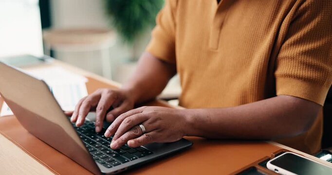 Man, laptop and hands with typing for remote work, editing article and creative process in home. Project draft, freelance writer and tech for proofreading with editor for story development or plan