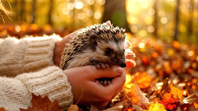 Person holding a small hedgehog in autumn leaves outdoors.
