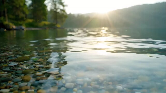 Serene lake surface with gentle ripples at sunset