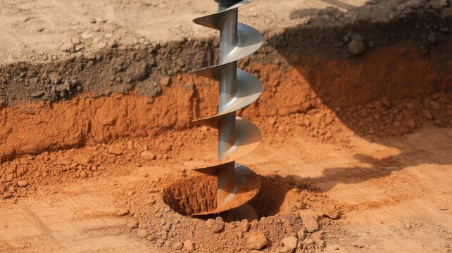 Industrial earth auger drill bit boring a hole into the soil