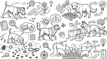 Obraz premium Dogs engaged in cognitive stimulation exercises and puzzle play illustrate the intelligence and learning behaviors of various canine breeds depicted in a detailed black and white line art style.