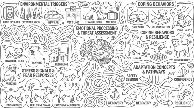 Dog cognition brain map displays complex emotional processing pathways and stress response triggers within a monochromatic line-drawn schematic highlighting canine mental health and adaptation.