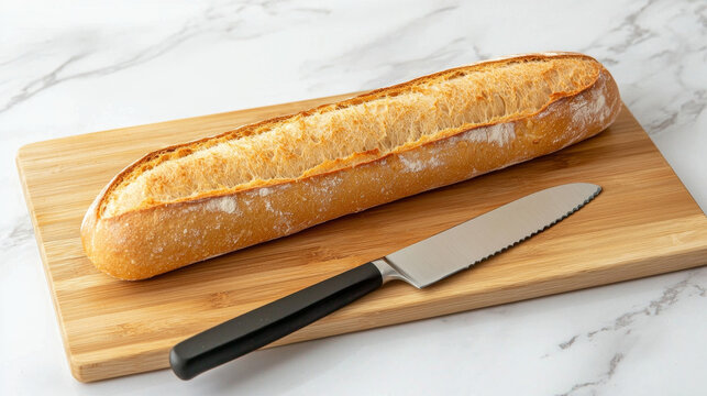 Crispy baguette and serrated bread knife on a wooden cutting board atop a white marble surface
