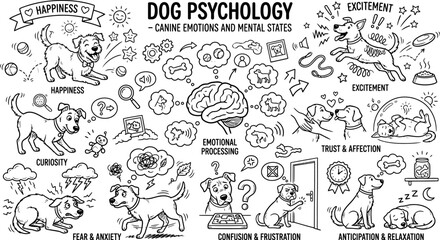 Naklejka premium Hand Drawn Animal Doodle Set with Cute Cartoon Dogs, Funny Faces, Trees, Christmas Elements and Decorative Icons, Vintage Vector Illustration Collection for Seamless Pattern Design