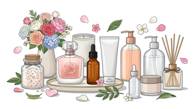 Cosmetics packaging mockup template with flowers and aromatherapy items vector illustration