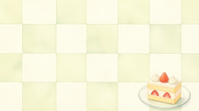 淡いグリーンの市松模様背景に四角いショートケーキを添えた和モダンな余白背景素材