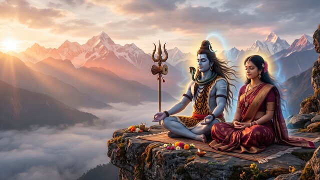 Lord Shiva and Goddess Parvati &ndash; Himalayan Meditation at Sunrise
