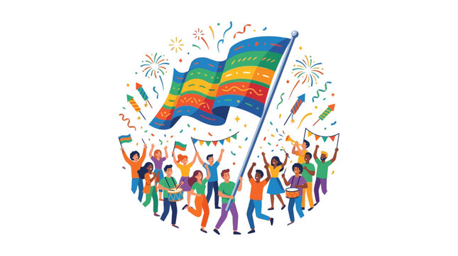 Diverse Group Celebrates with Rainbow Flag and Fireworks