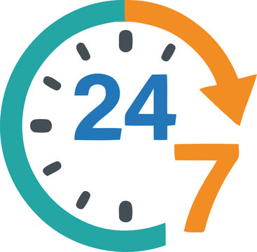 Modern 24/7 service icon vector, flat clock face with circular arrow, twenty four seven customer support symbol for business and logistics