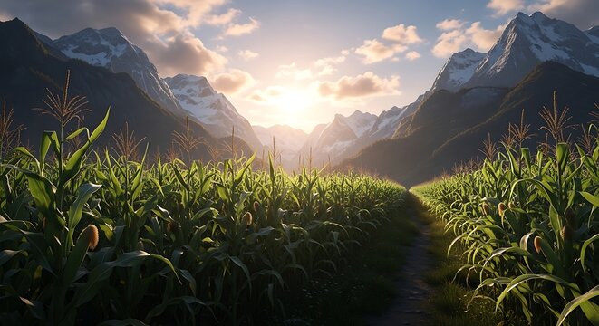 Golden sunset over a lush green corn field with majestic snow capped mountains in the background.