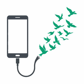Smartphone with broken cable releasing a flock of green birds flying towards freedom.