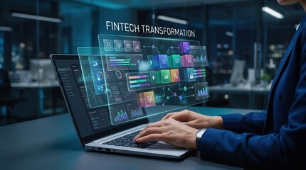 Fototapeta premium Digital Transformation - Fintech Transformation Interface with Real Device Operation