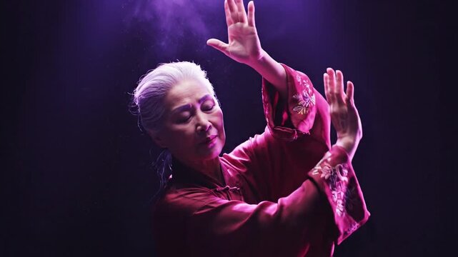 Senior woman performing traditional tai chi in dark studio.