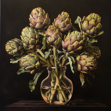 Group artichokes in glass vase as house decoration, vintage still life style