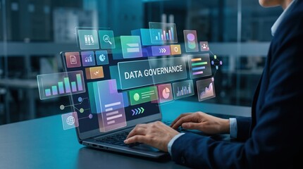 Fototapeta premium Digital Transformation - Data Governance Interface with Real Device Operation