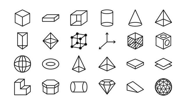Collection of various geometric shapes and 3D objects in black lines on white background for design and education purposes