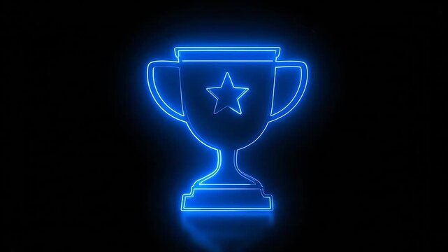 A glowing blue neon trophy icon on a dark black background