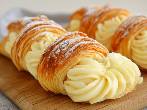 Flaky golden croissants filled with piped light yellow cream, dusted with powdered sugar, arranged on a wooden surface