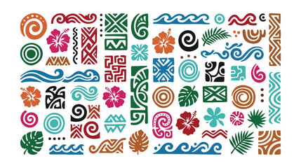 Polynesian tribal pattern elements, tropical hibiscus and monstera leaf vector set, colorful maori style tattoo ornaments and ocean wave symbols © noor