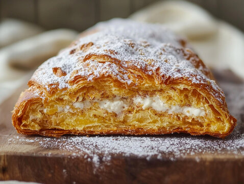 Flaky golden pastry with creamy spiced filling, generously dusted with powdered sugar, resting on a wooden board