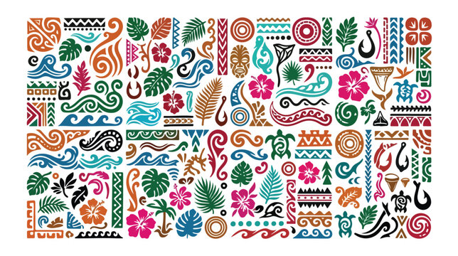 Polynesian tribal tattoo vector set, colorful Maori pattern elements and tropical hibiscus flowers, Hawaiian ethnic symbols and sea waves
