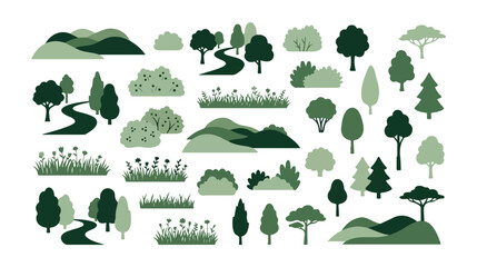 Minimalist green nature vector set, flat landscape elements with trees and bushes, forest vegetation icons for map design and infographics © xantii
