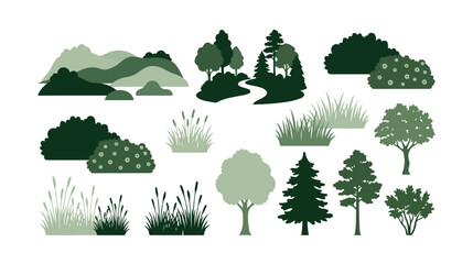 Minimalist green nature silhouettes, flat vector landscape elements set, forest trees and mountain bushes for map design and environmental infographics © xantii