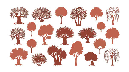 Terracotta tree silhouettes collection, 20 organic botanical vector shapes, minimalist earthy garden and forest tree icons for landscape design © xantii