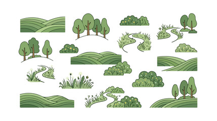 Hand drawn green landscape elements set, organic nature icons with rolling hills and trees, flat vector garden bushes and winding paths © xantii