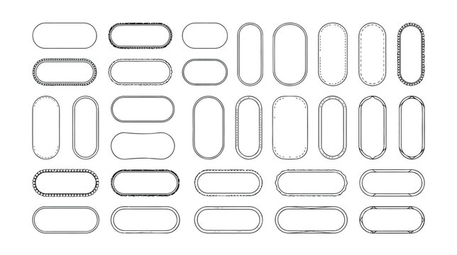 Minimalist oval frame vector set, black line border collection for labels and badges, simple geometric pill shape outline elements for graphic design