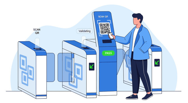 Man Scanning QR Code at Automated Ticket Gate for Access Control