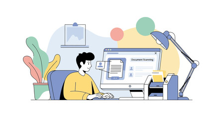 Fototapeta premium Man using desk computer for business work, illustration