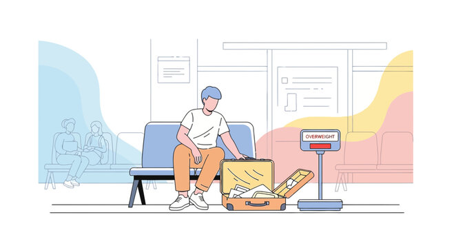 Man waiting with open suitcase next to overweight scale