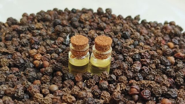 Dried black pepper, piperaceae, piper nigrum or peppercorn spice seeds oil extract inside small glass bottle isolated on white table background. Spicy condiment for food spiciness. Closeup view.