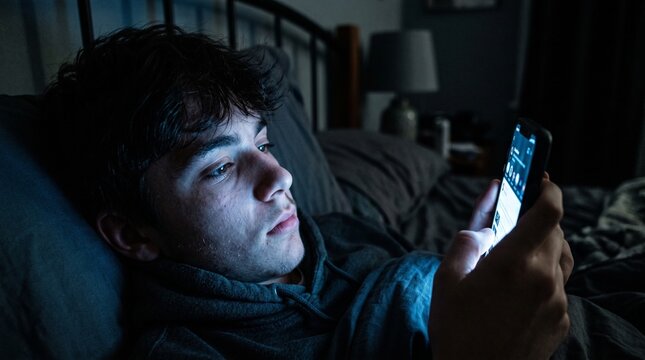 A young man with curly hair lying in bed in a dark room, illuminated by the bright screen light of his smartphone while late at night scrolling or messaging on social media