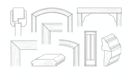 Architectural wood molding profiles and trim details, technical line drawing of crown molding and door frames, carpentry woodworking vector set © xantii