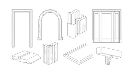 Architectural molding and door frame vector set, technical line art of window trim and crown molding profiles, construction carpentry details © xantii