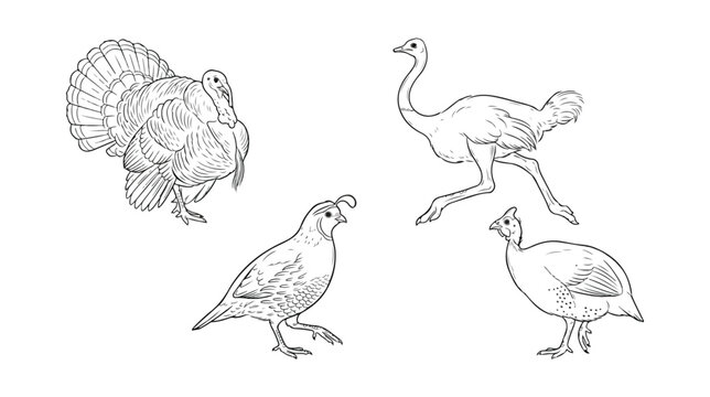 Vintage bird illustrations set, hand drawn turkey and ostrich line art, antique style quail and guinea fowl sketches, 4 vector animal engravings