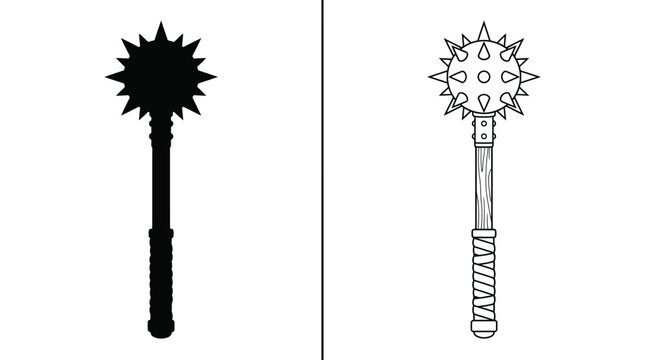 Mace Weapon Silhouette and Outline with Spiked Metal Head and Wooden Handle for Ancient Combat Design
